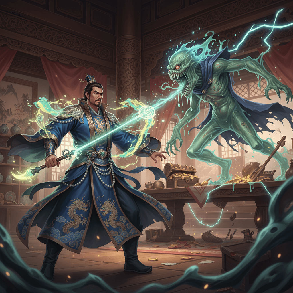 Han Yuan as imperial inspector confronting the Slobbering Ghost for Zhong Kui