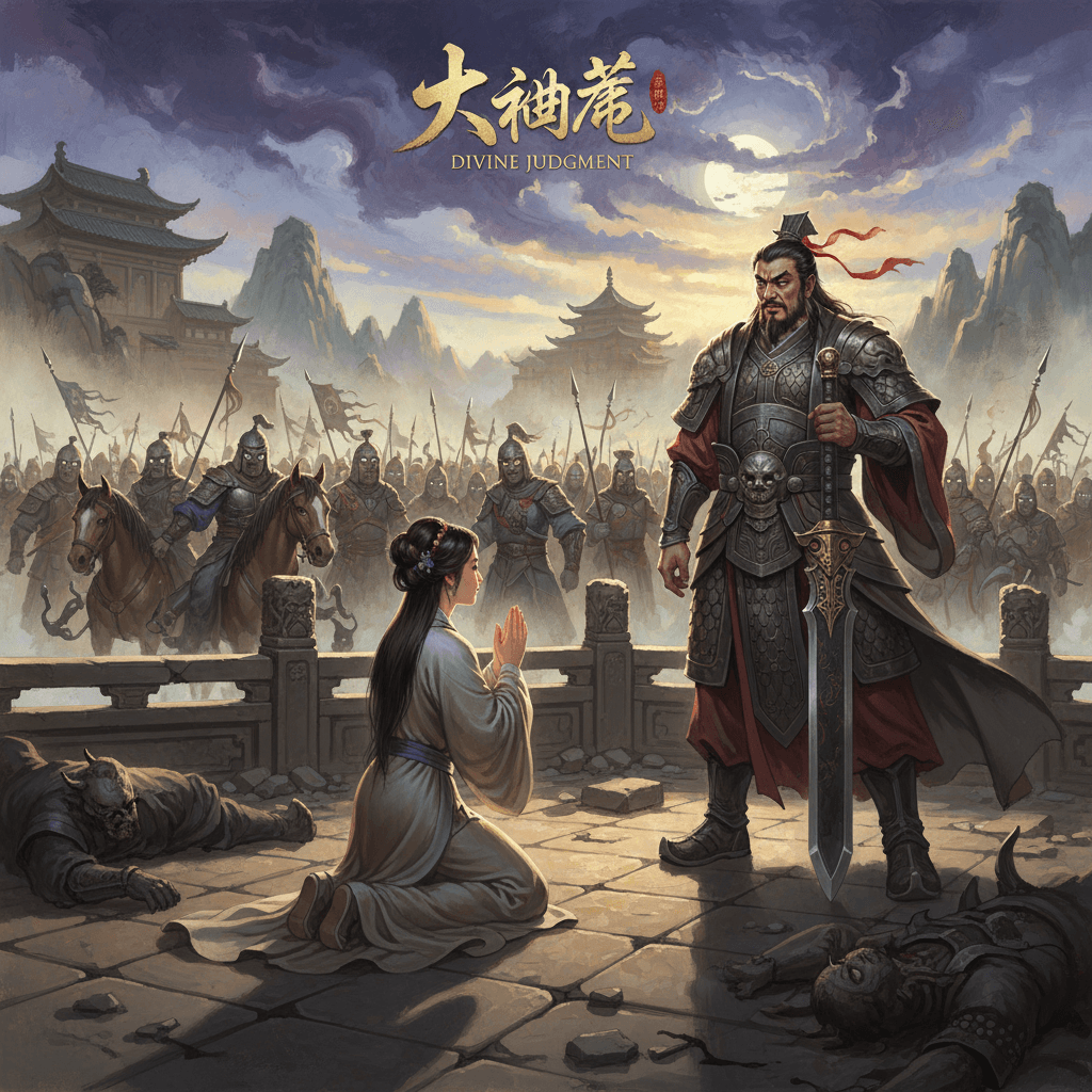 Sai Xishi kneeling before Zhong Kui and his supernatural saviors