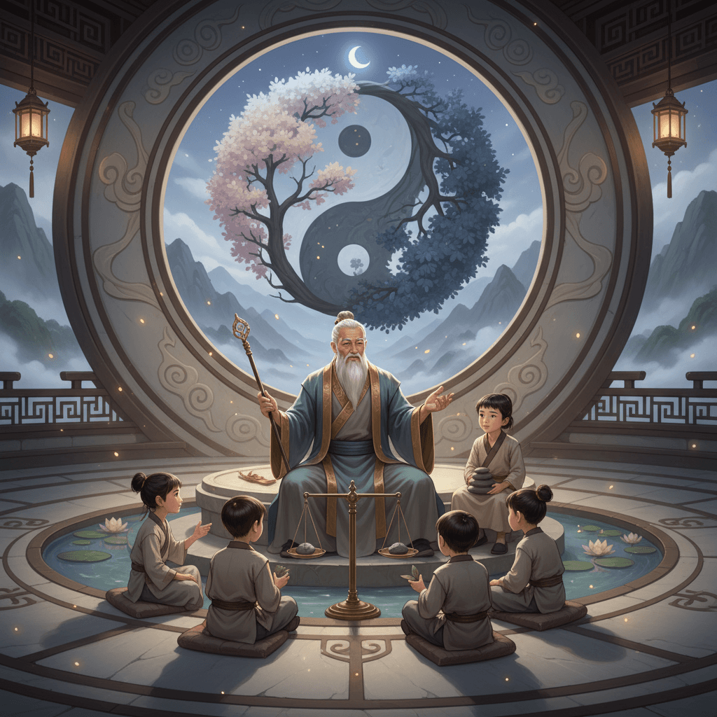 Elderly sage teaching children in a balanced temple - Zhong Kui