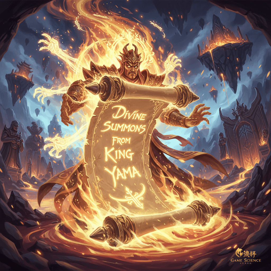 Mystical scroll materializing in golden flames - Zhong Kui